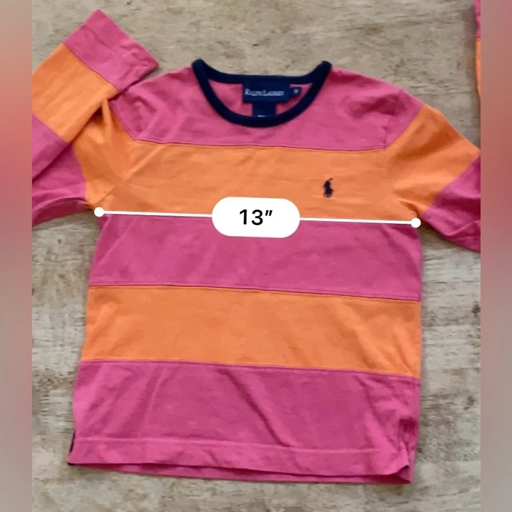 Ralph Lauren Girls’ Sz S Pink/Orange Stripe Crewneck Rugby Style Long Sleeve Top